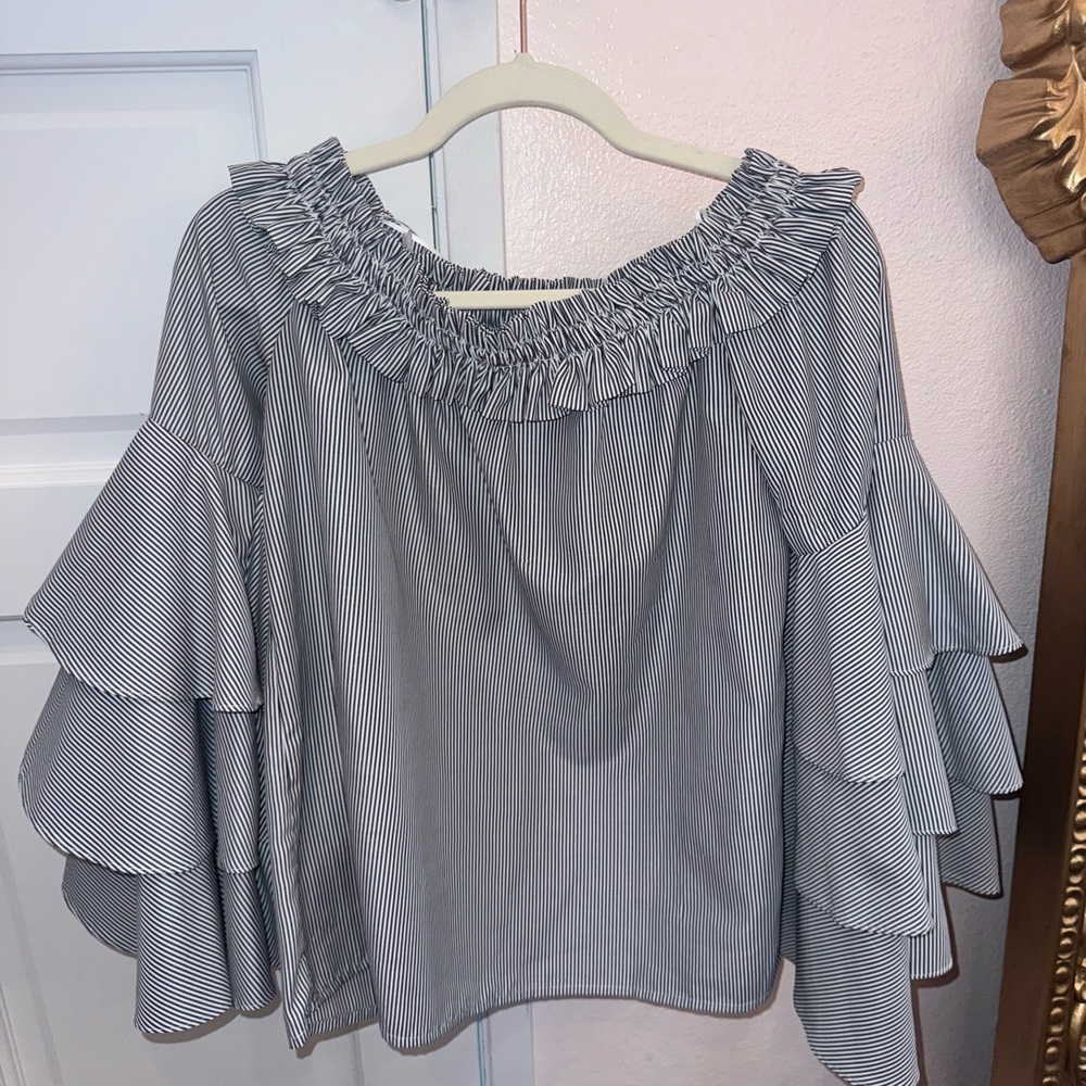 Aqua‎ Blue Ruffled 3/4 Sleeve Blouse